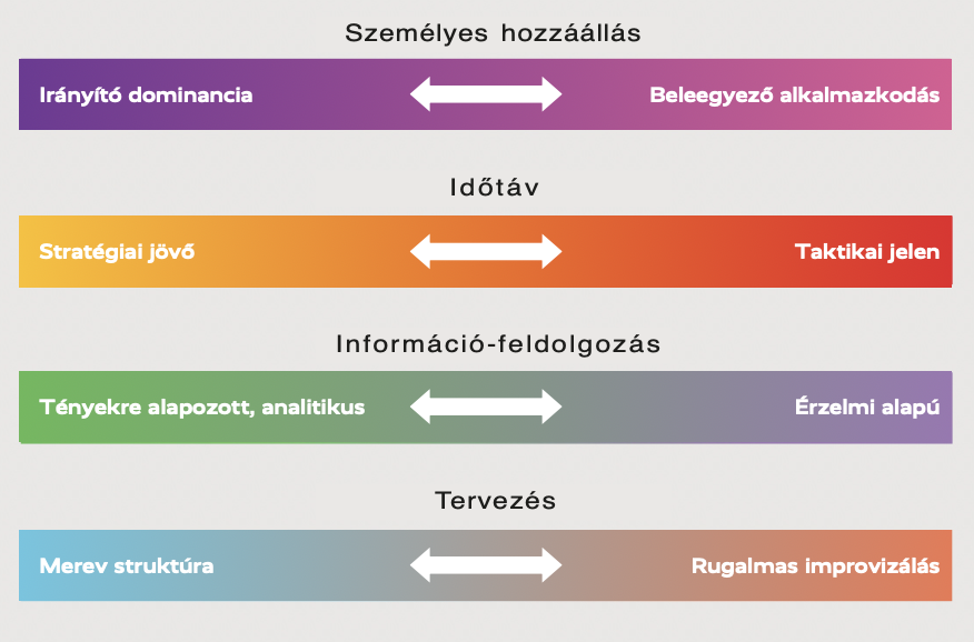 A chart with four colored bars showing contrasts: Driving Dominance vs. Agreeable Accommodation (Interpersonal), Strategic Future vs. Tactical Present (Time), Factually Analytical vs. Emotional Engagement (Information), Organised Structure vs. Flexible Improvisation (Planning).